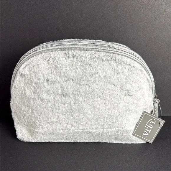 Ulta Beauty ☀️ fuzzy plush grey large makeup bag NWT - Picture 1 of 5